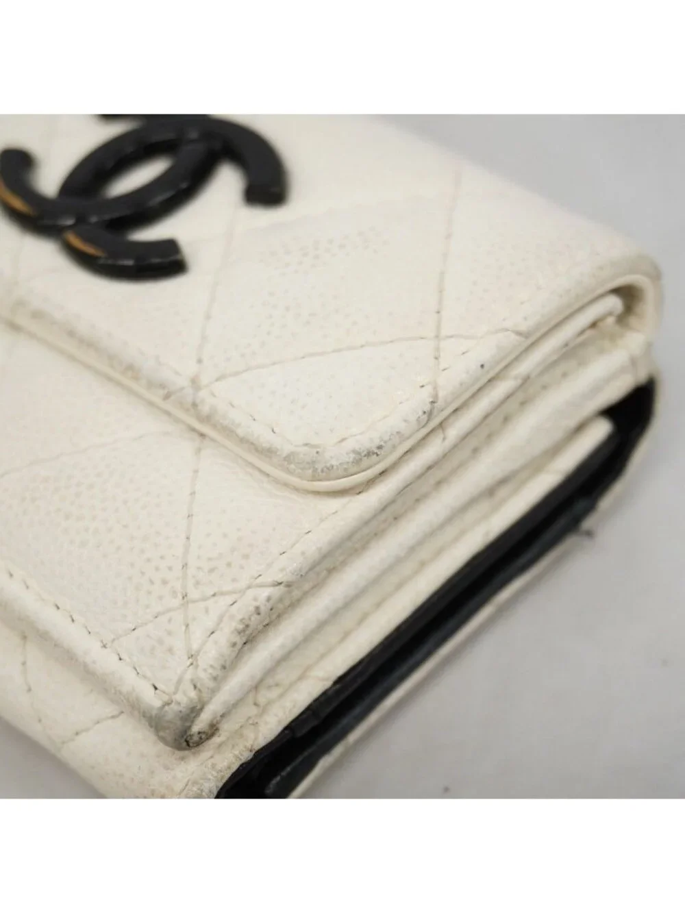 Chanel Trifold Wallet Quilted Caviar Leather White Silver